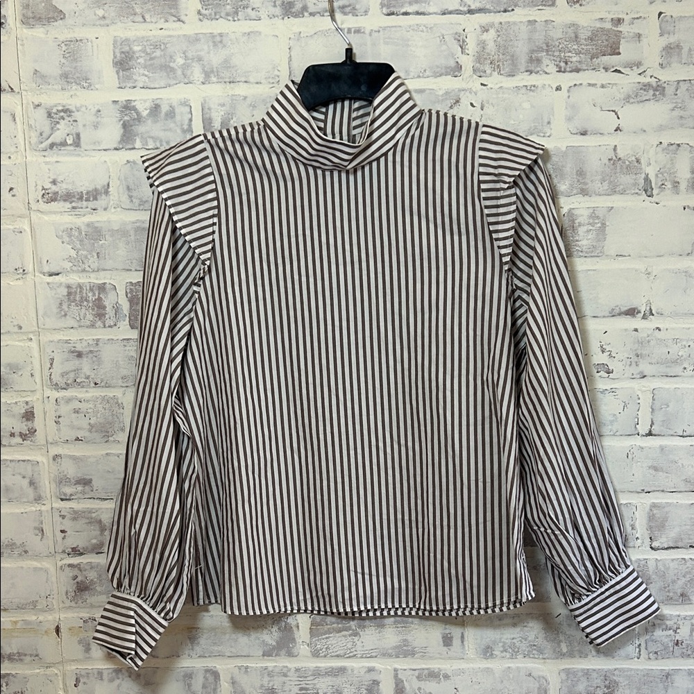 NEW Everlane Womens Blouse The Wing Mock Neck L/S Top Brown Stripe Career Cotton
